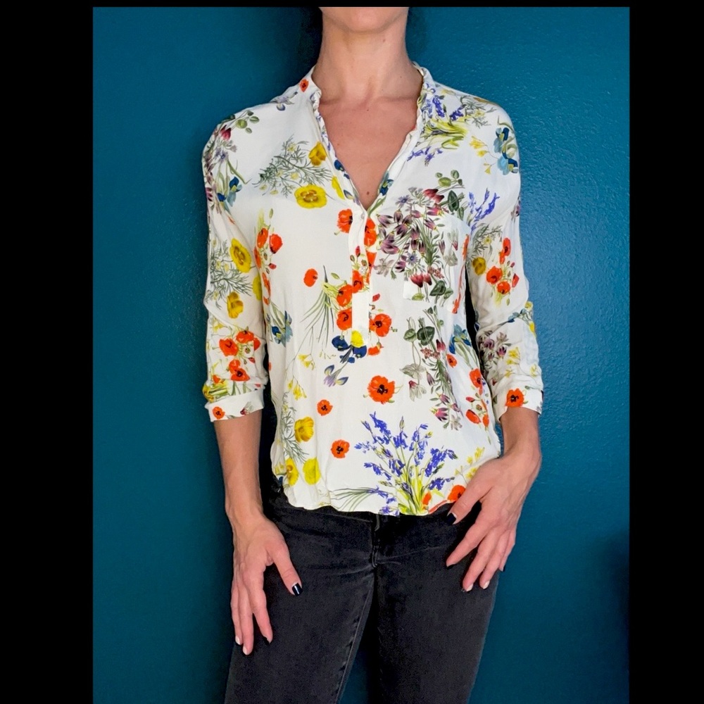 Zara White Floral Blouse
